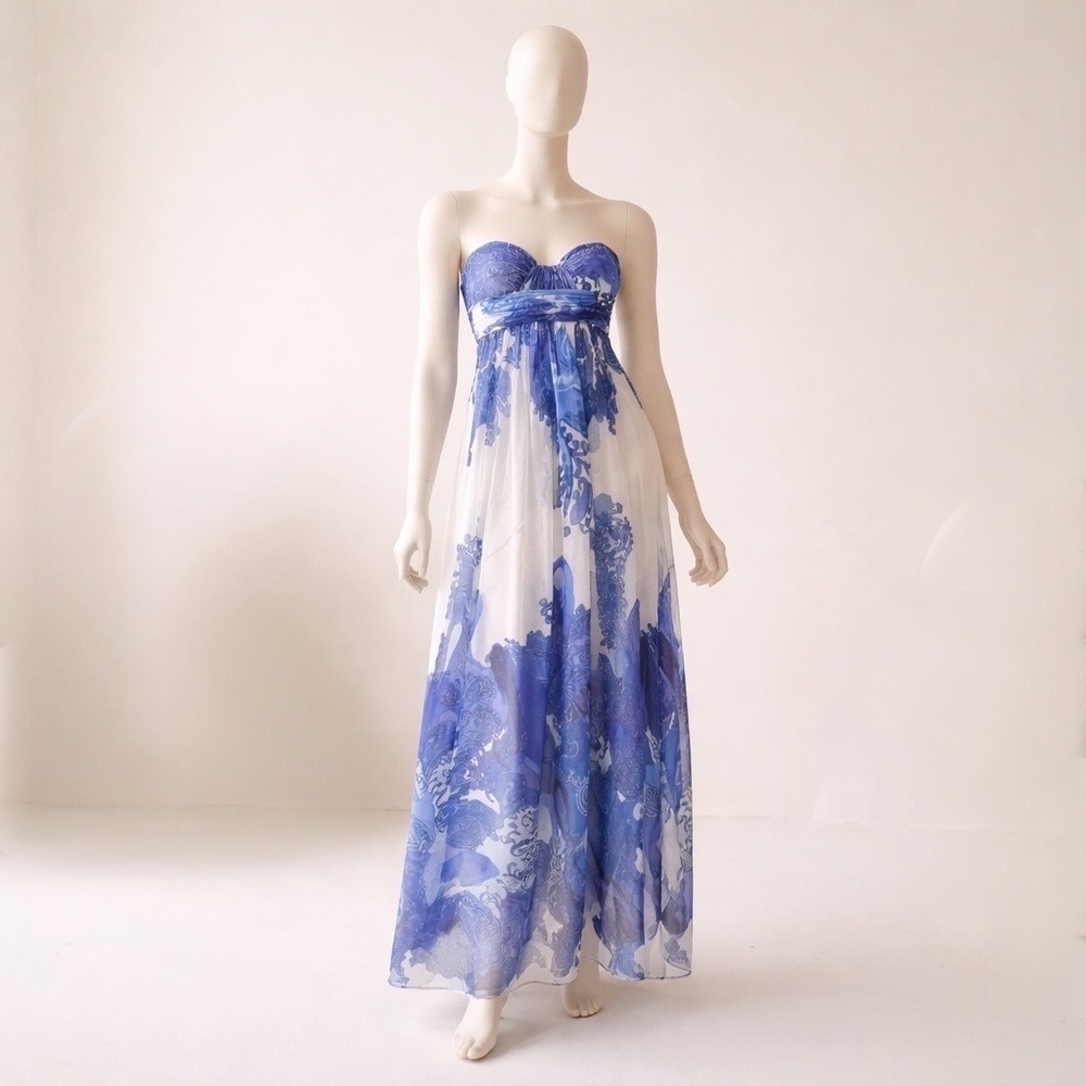 Aidan Mattox Ethereal Goddess Chiffon Gown Blue Porcelain Grecian Coastal Size 0 - Picture 1 of 13